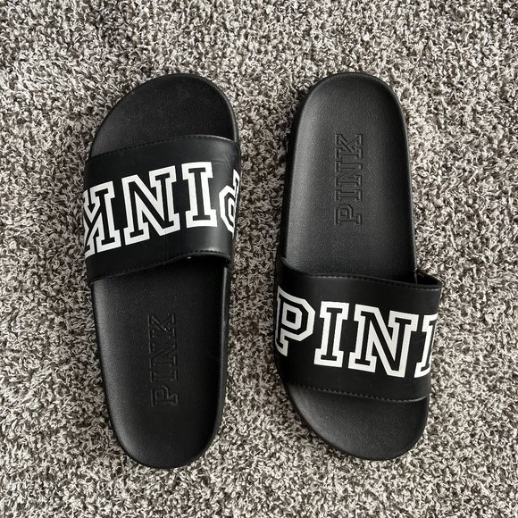 Victorias Secret PINK Logo Black Slides Size 7 - Picture 1 of 5